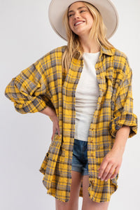 Looking At You Loose Fit Plaid Button Down Shirt - Mustard