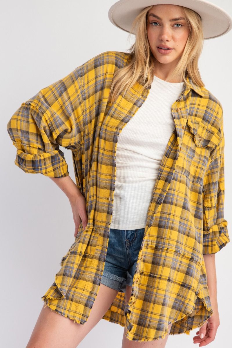 Looking At You Loose Fit Plaid Button Down Shirt - Mustard