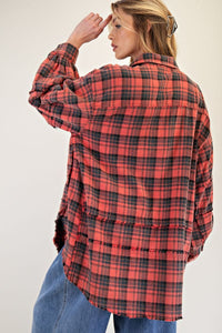 Easel Looking At You Loose Fit Washed Plaid Button Down Shirt - Dark Coral