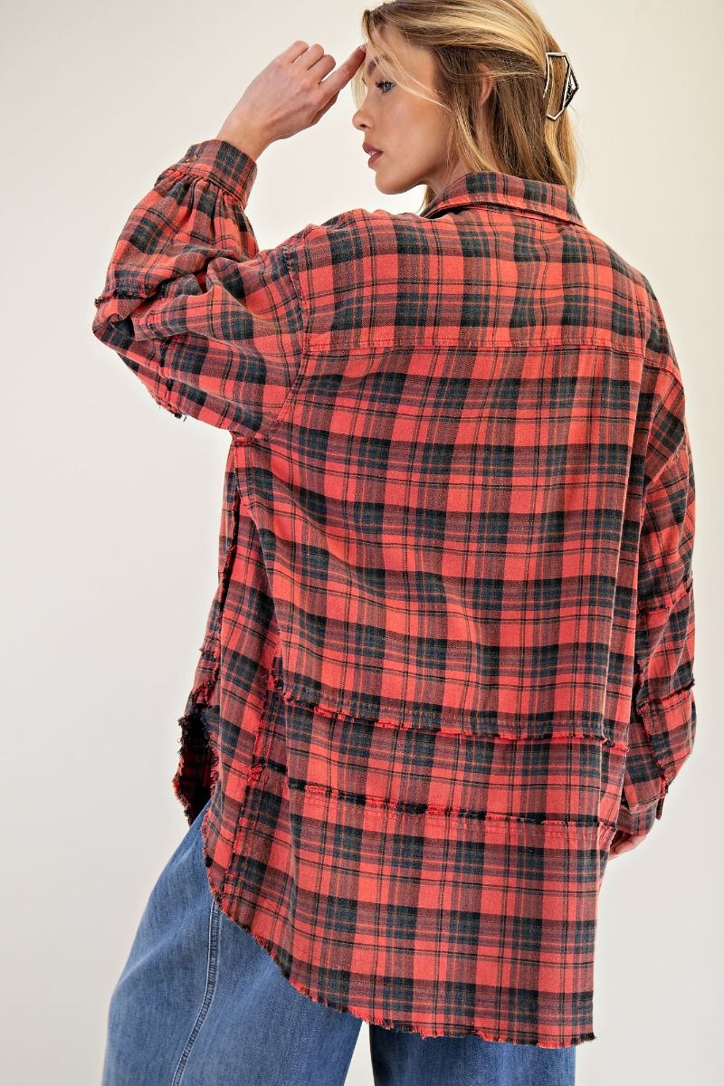 Easel Looking At You Loose Fit Washed Plaid Button Down Shirt - Dark Coral