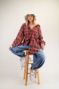 Easel Looking At You Loose Fit Washed Plaid Button Down Shirt - Dark Coral