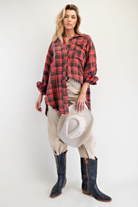 Easel Looking At You Loose Fit Washed Plaid Button Down Shirt - Dark Coral