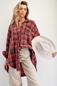 Easel Looking At You Loose Fit Washed Plaid Button Down Shirt - Dark Coral