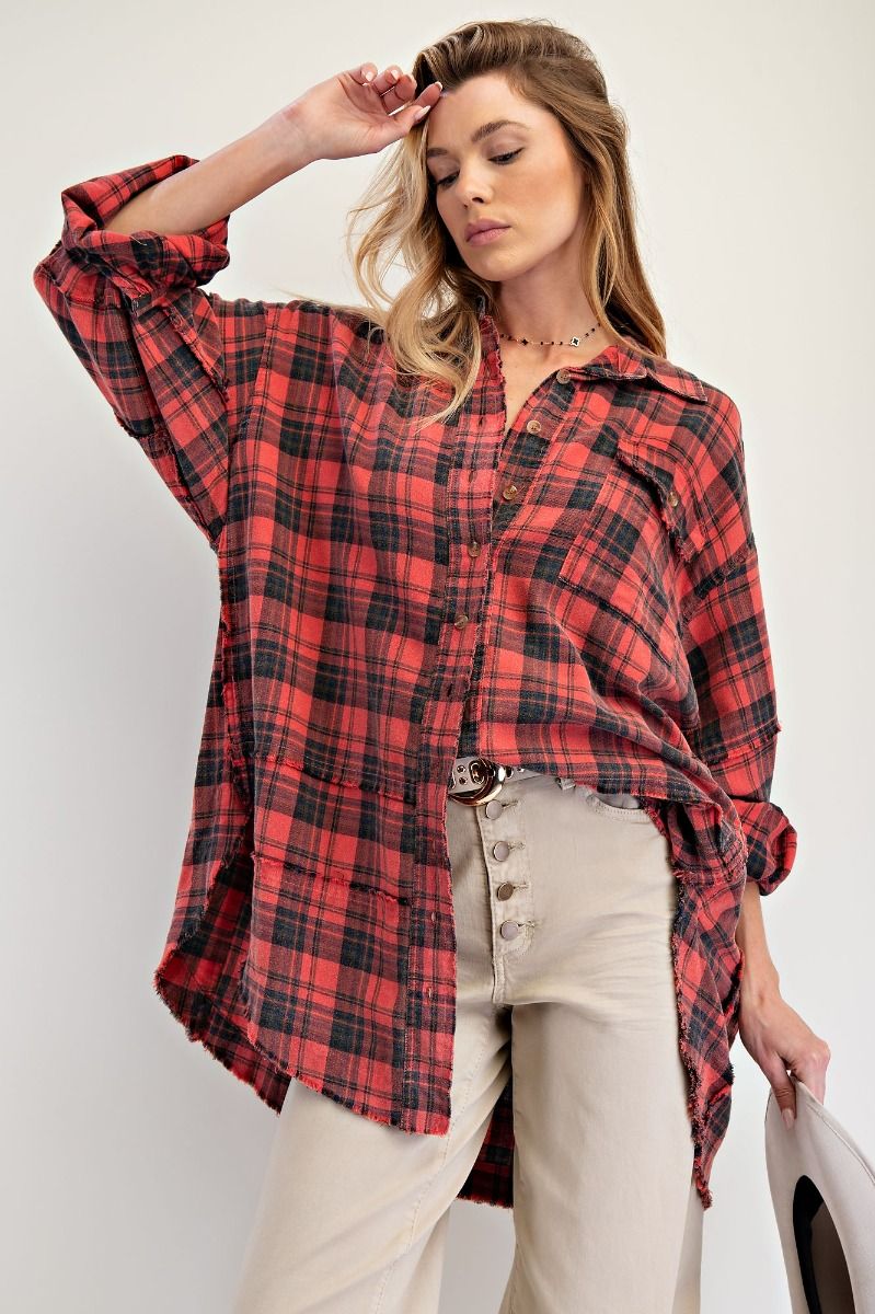 Easel Looking At You Loose Fit Washed Plaid Button Down Shirt - Dark Coral