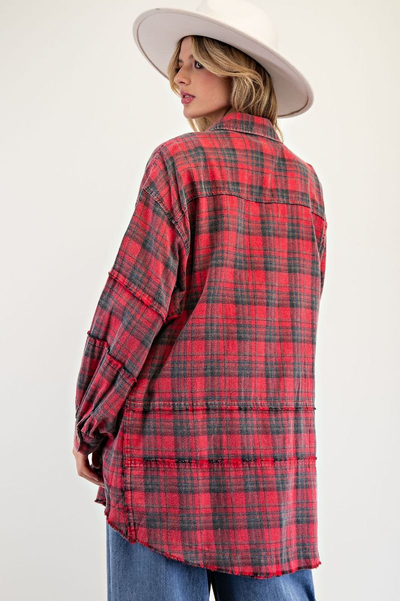 Easel Mineral Washed Plaid Button Down Shirt - Redfoam