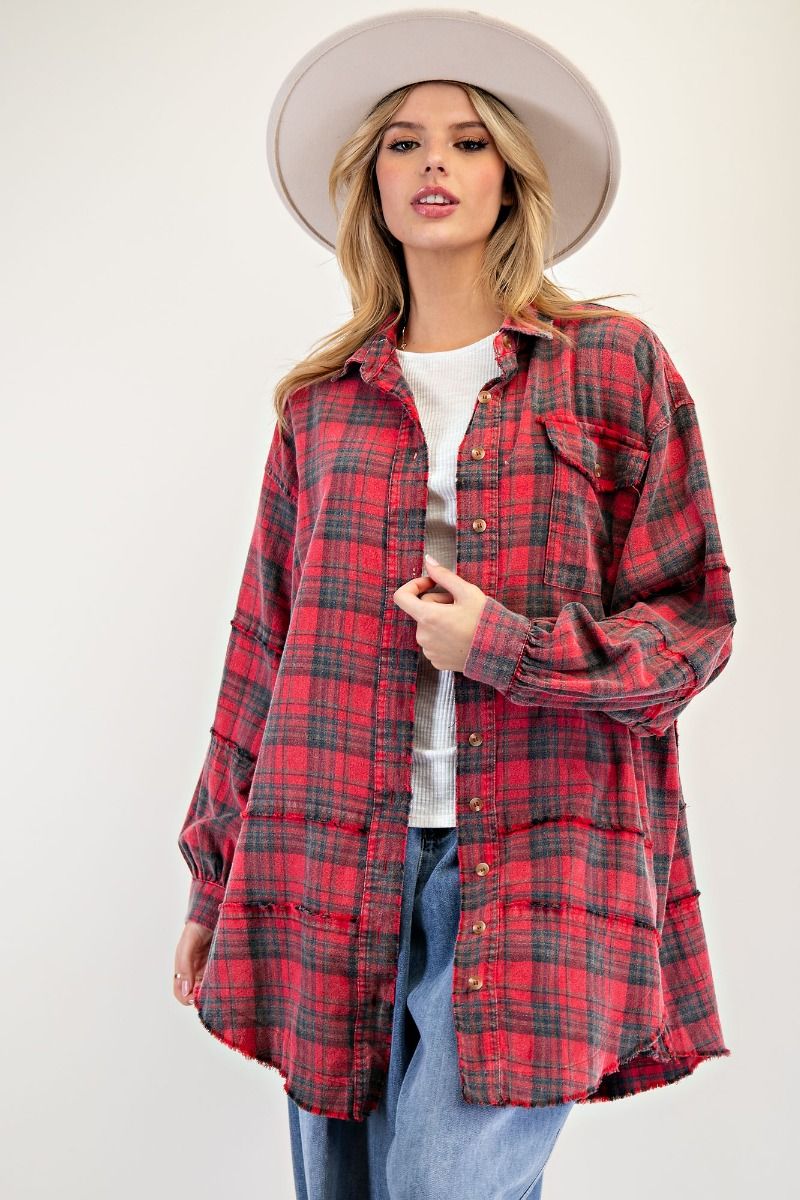 Easel Mineral Washed Plaid Button Down Shirt - Redfoam