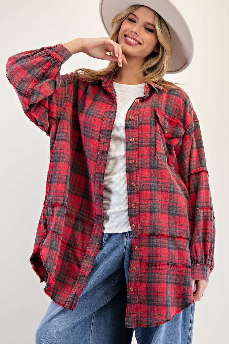 Easel Mineral Washed Plaid Button Down Shirt - Redfoam