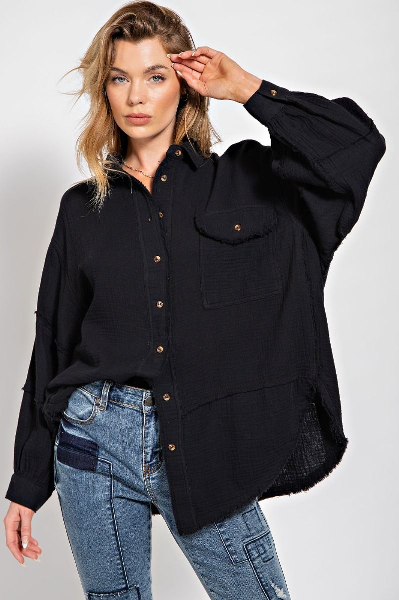 Easel Cotton Gauze Button Down Shirt - Black ET17567