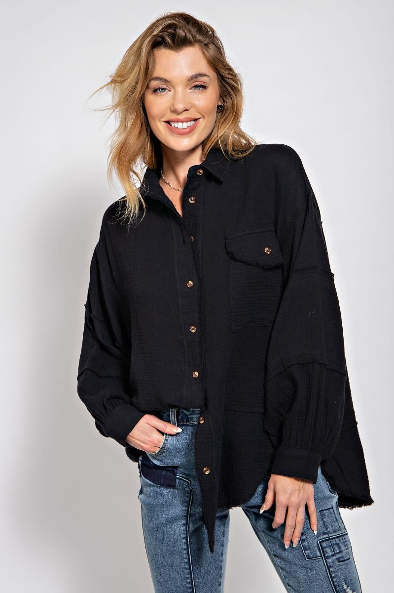 Easel Cotton Gauze Button Down Shirt - Black ET17567