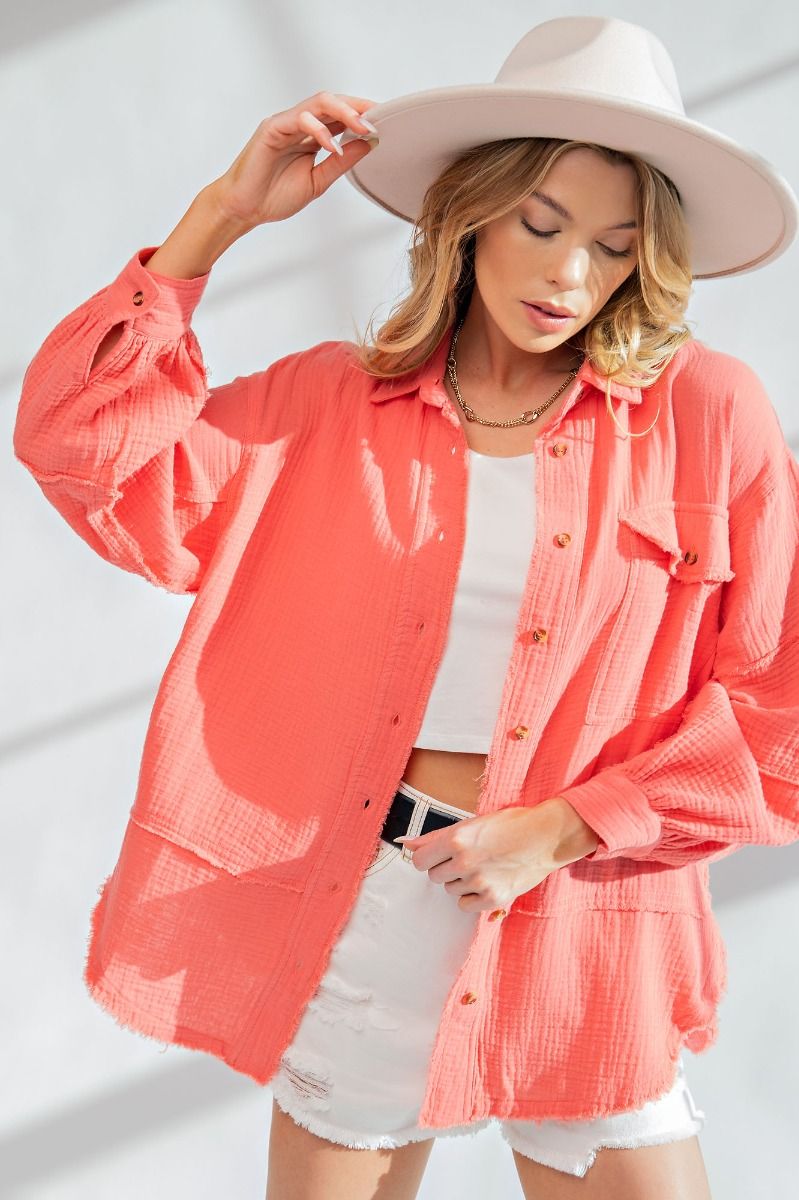 Easel Cotton Gauze Button Down Shirt - Coral ET17567