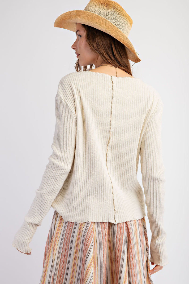 Ribbed Knit Mineral Washed Long Sleeve Top