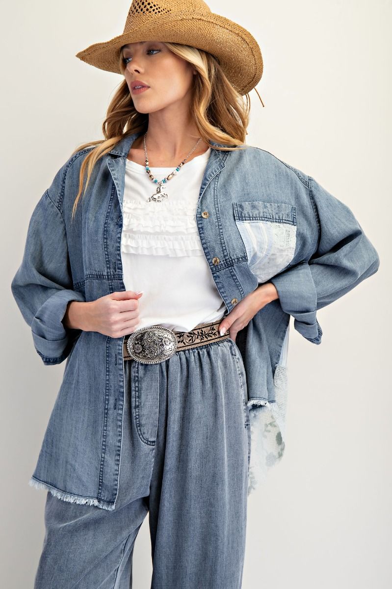 Patchwork Washed Chambray Button Down Shirt - Dark Denim ET25939