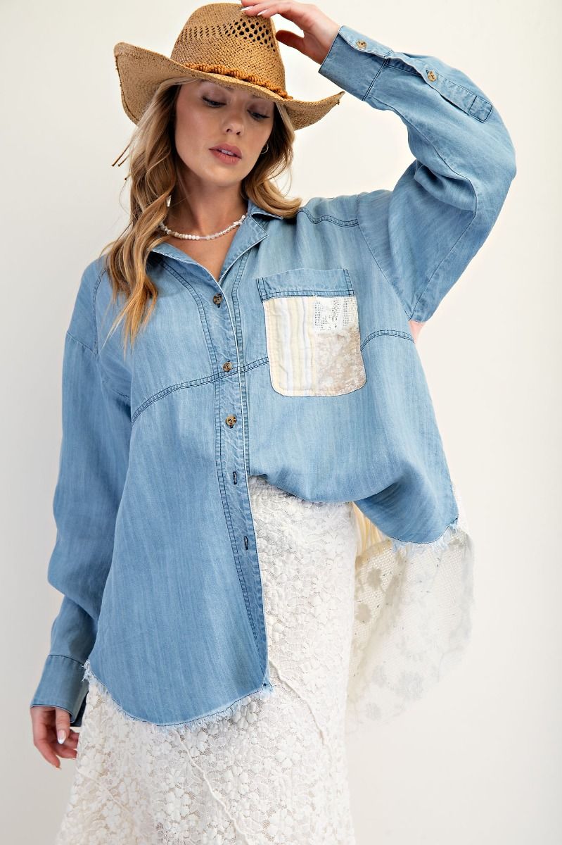 Patchwork Washed Chambray Button Down Shirt - Light Denim ET25939