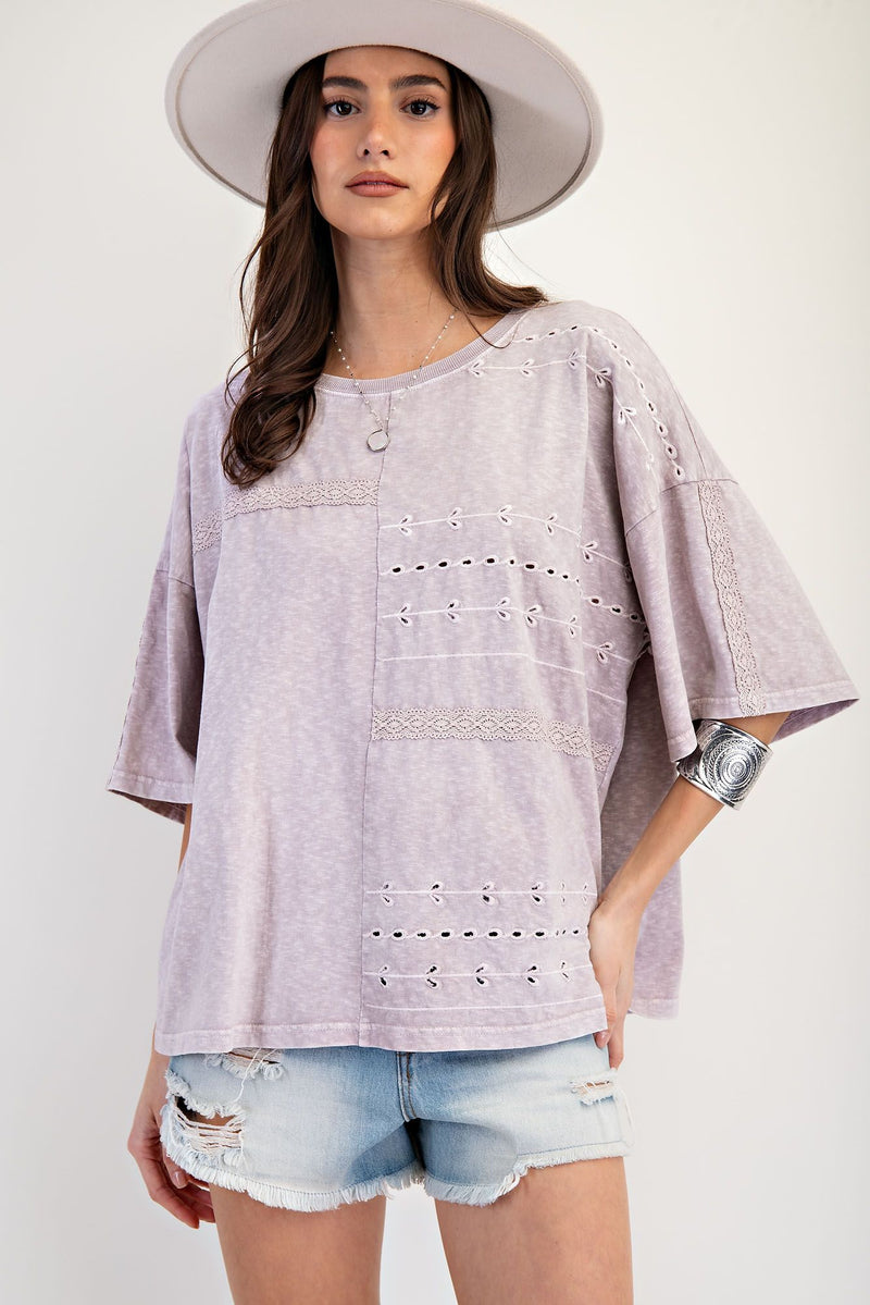 Easel Dusty Lavender Lace Embroidered Mineral Washed Top ET26049
