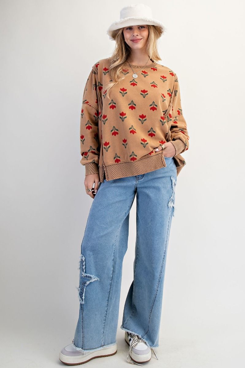 Easel Washed Retro Tulip Thermal Pullover - Faded Camel