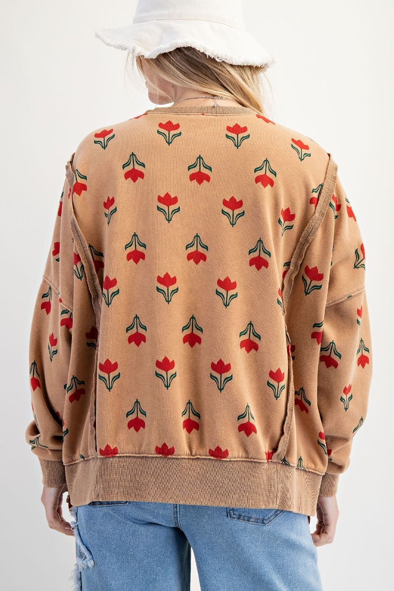 Easel Washed Retro Tulip Thermal Pullover - Faded Camel