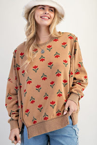 Easel Washed Retro Tulip Thermal Pullover - Faded Camel