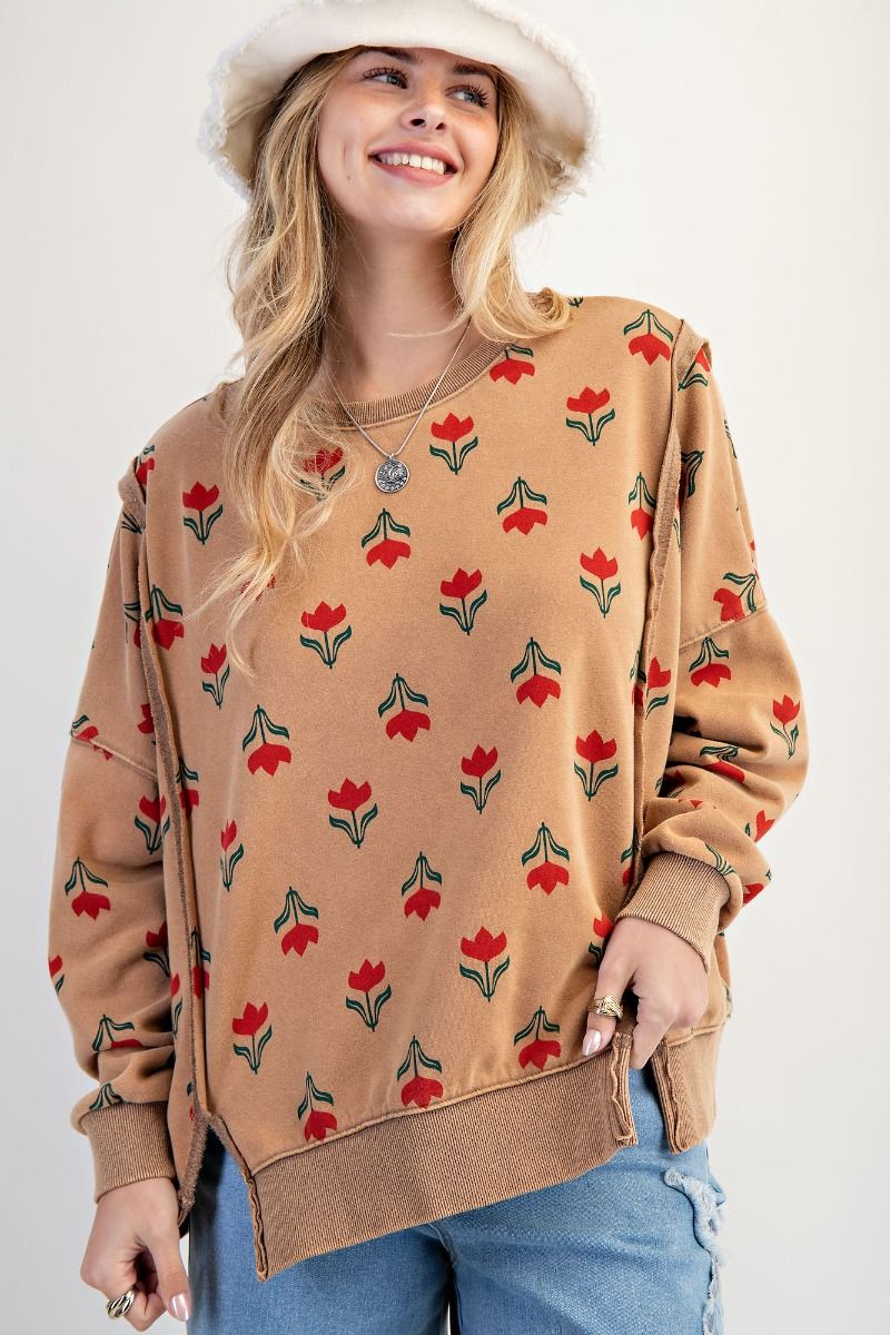 Easel Washed Retro Tulip Thermal Pullover - Faded Camel