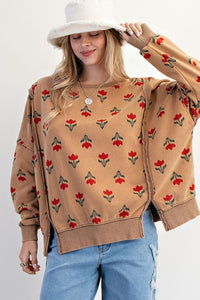 Easel Washed Retro Tulip Thermal Pullover - Faded Camel