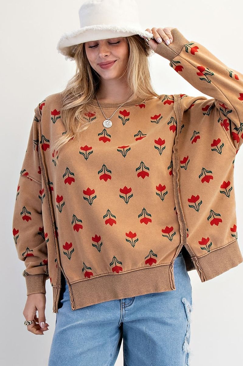Easel Washed Retro Tulip Thermal Pullover - Faded Camel