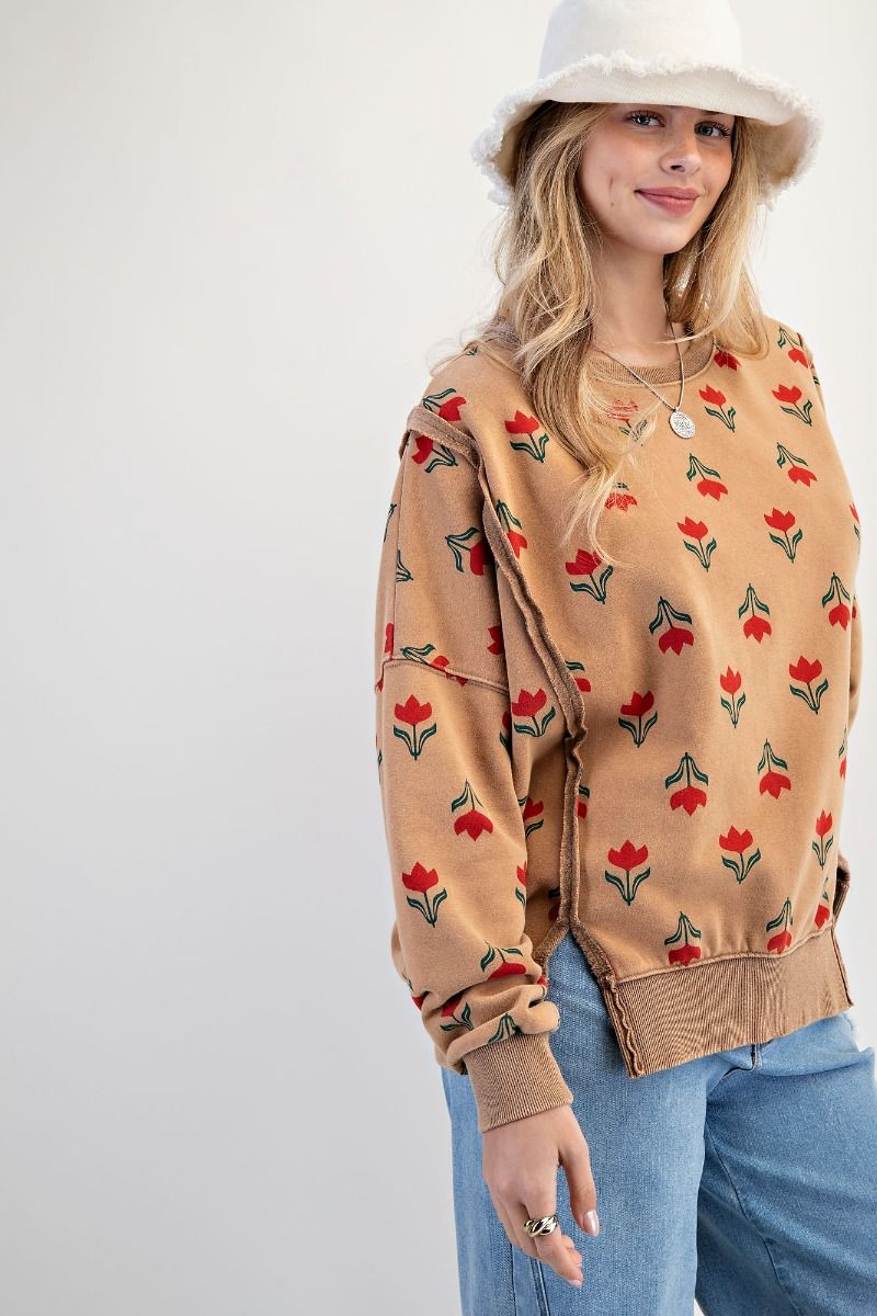 Easel Washed Retro Tulip Thermal Pullover - Faded Camel