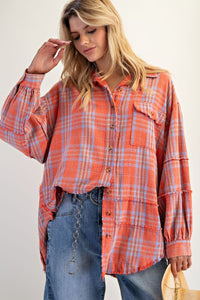Easel Washed Plaid Button Down Shirt - Coral