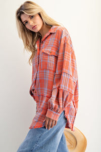 Easel Washed Plaid Button Down Shirt - Coral