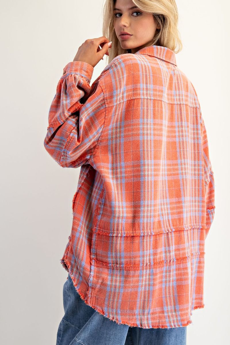 Easel Washed Plaid Button Down Shirt - Coral
