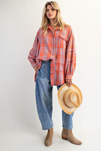 Easel Washed Plaid Button Down Shirt - Coral