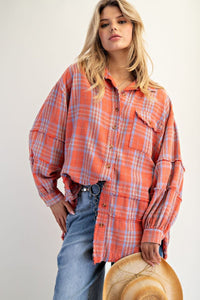 Easel Washed Plaid Button Down Shirt - Coral