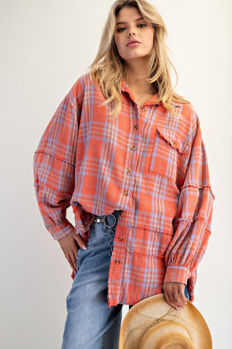 Easel Washed Plaid Button Down Shirt - Coral