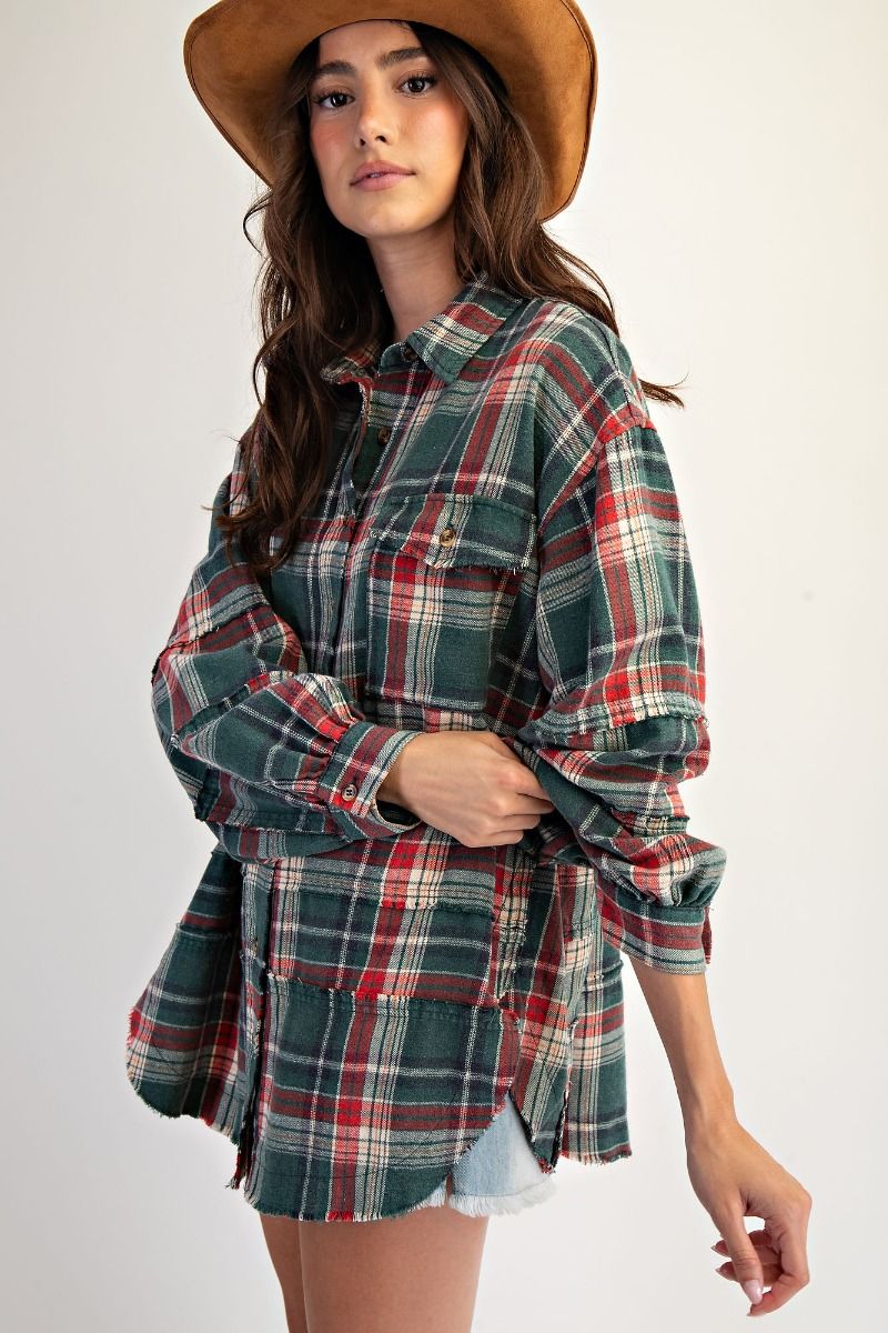 Easel Washed Plaid Button Down Shirt - Pine Green