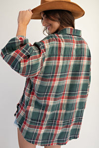 Easel Washed Plaid Button Down Shirt - Pine Green