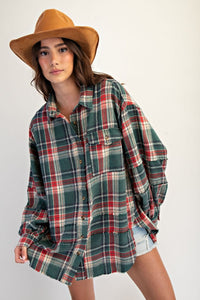Easel Washed Plaid Button Down Shirt - Pine Green