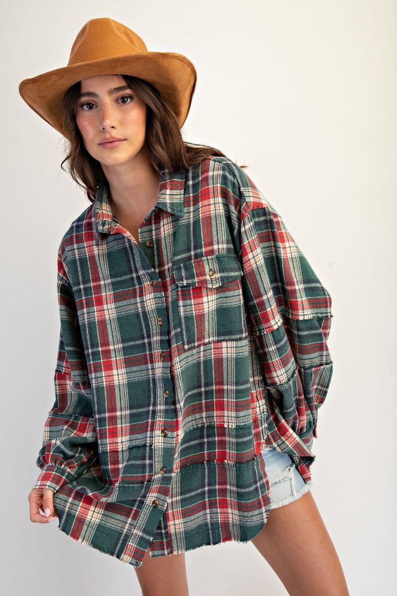 Easel Washed Plaid Button Down Shirt - Pine Green