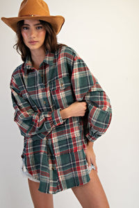 Easel Washed Plaid Button Down Shirt - Pine Green