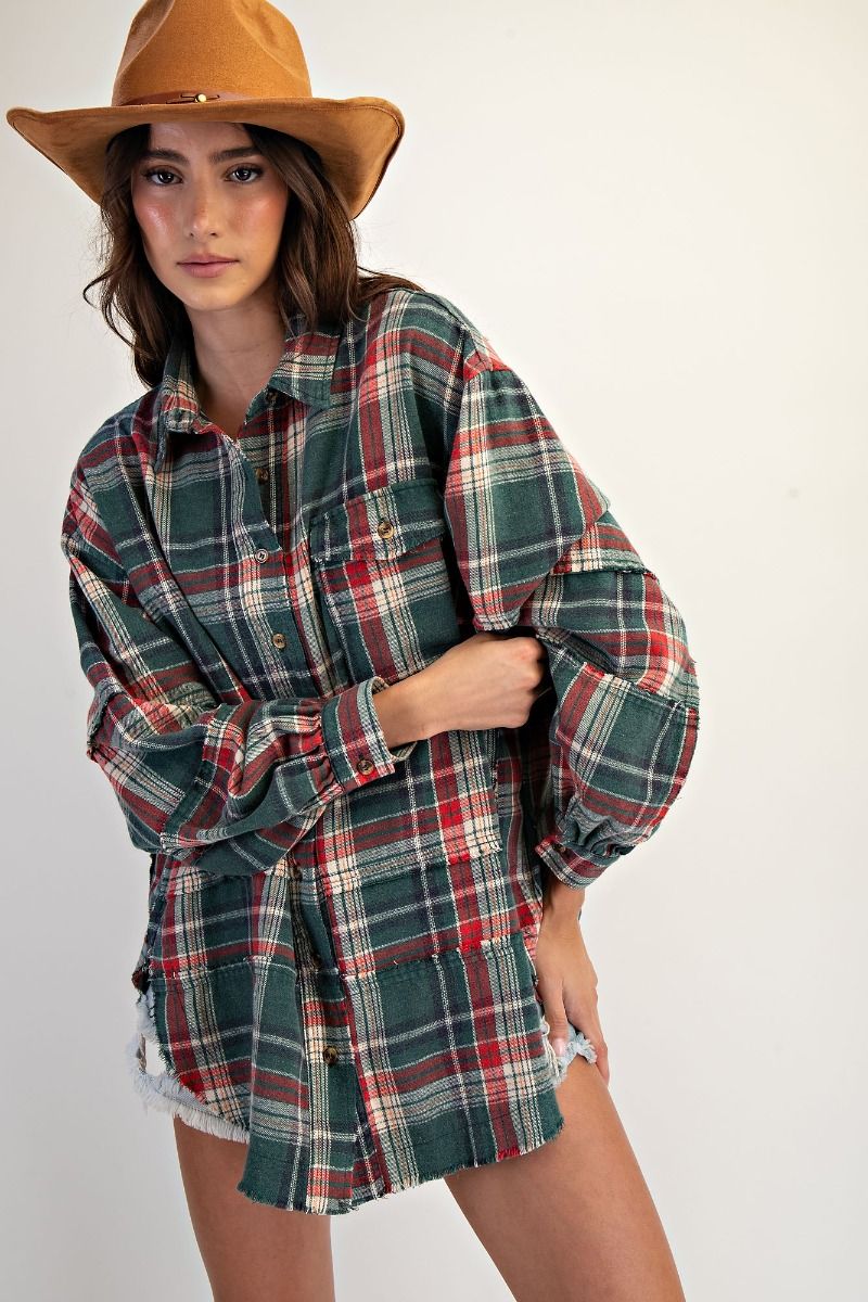 Easel Washed Plaid Button Down Shirt - Pine Green