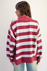 Easel Rugby Stripe Washed Terry Pullover - Burgundy
