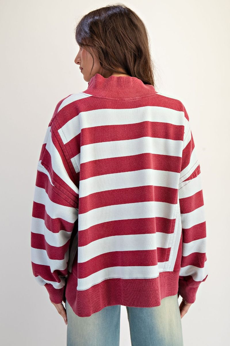 Easel Rugby Stripe Washed Terry Pullover - Burgundy