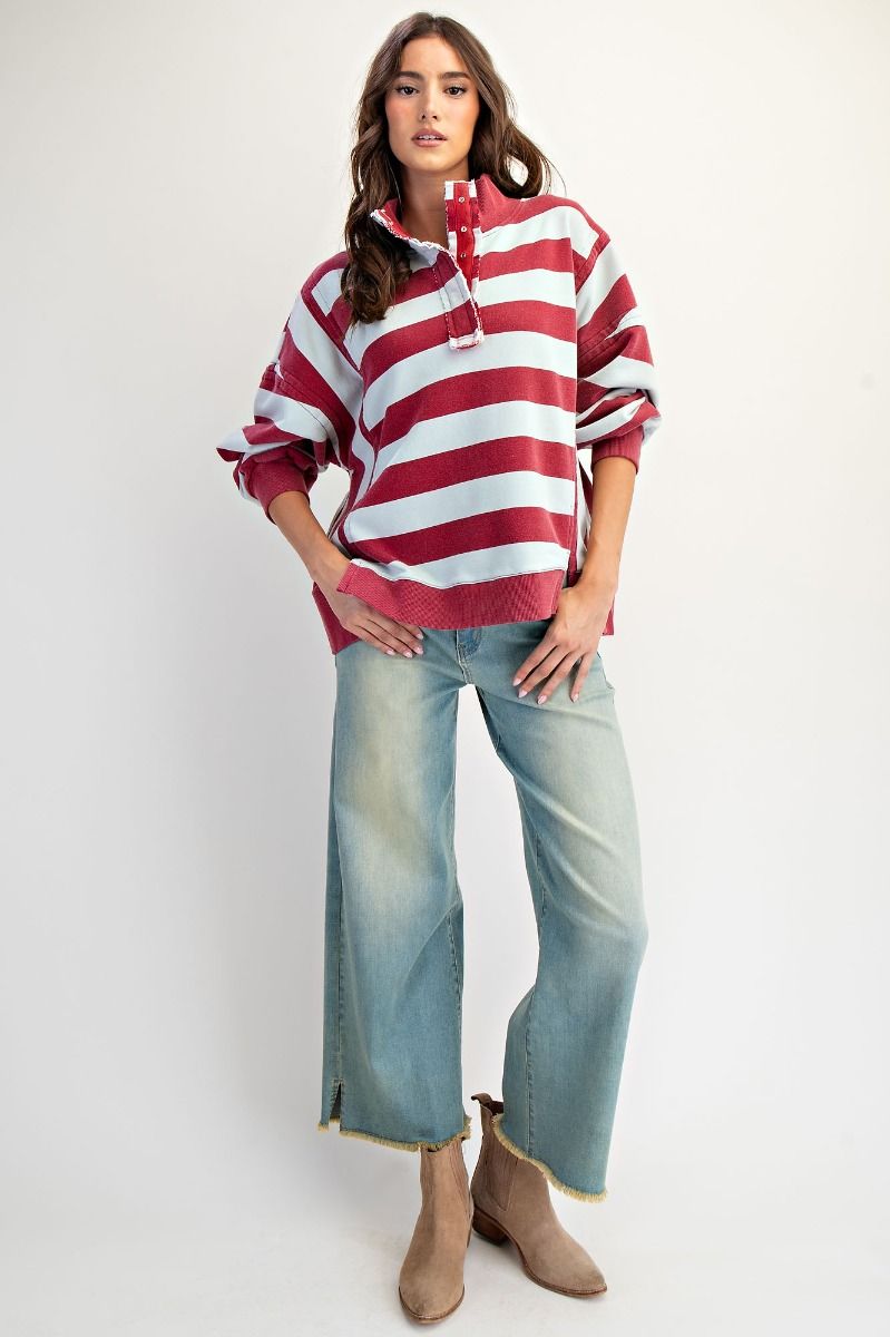 Easel Rugby Stripe Washed Terry Pullover - Burgundy