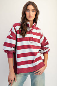 Easel Rugby Stripe Washed Terry Pullover - Burgundy