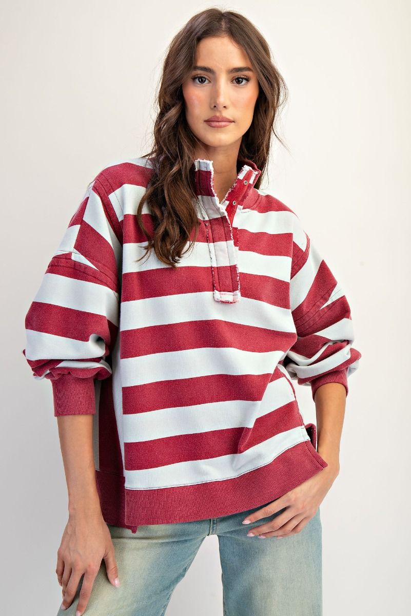 Easel Rugby Stripe Washed Terry Pullover - Burgundy
