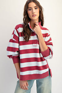 Easel Rugby Stripe Washed Terry Pullover - Burgundy
