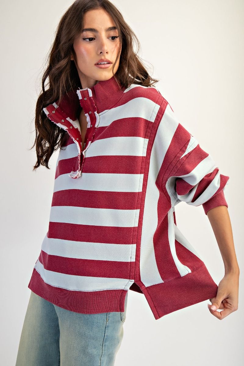 Easel Rugby Stripe Washed Terry Pullover - Burgundy