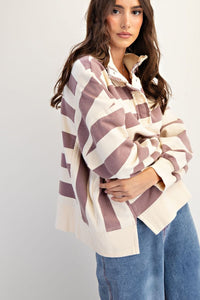 Easel Rugby Stripe Washed French Terry Pullover - Mocha