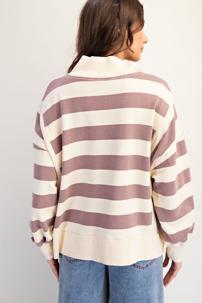 Easel Rugby Stripe Washed French Terry Pullover - Mocha