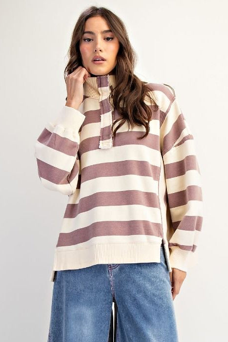 Easel Rugby Stripe Washed French Terry Pullover - Mocha