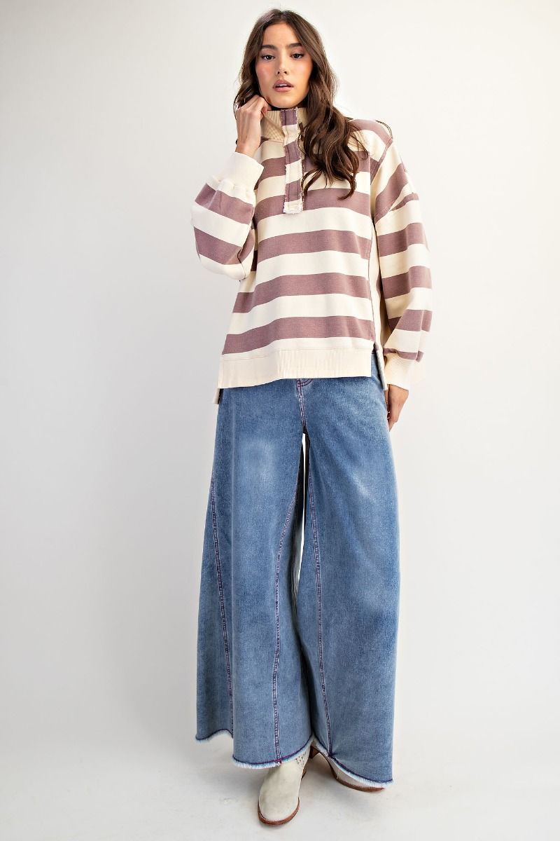 Easel Rugby Stripe Washed French Terry Pullover - Mocha