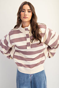 Easel Rugby Stripe Washed French Terry Pullover - Mocha