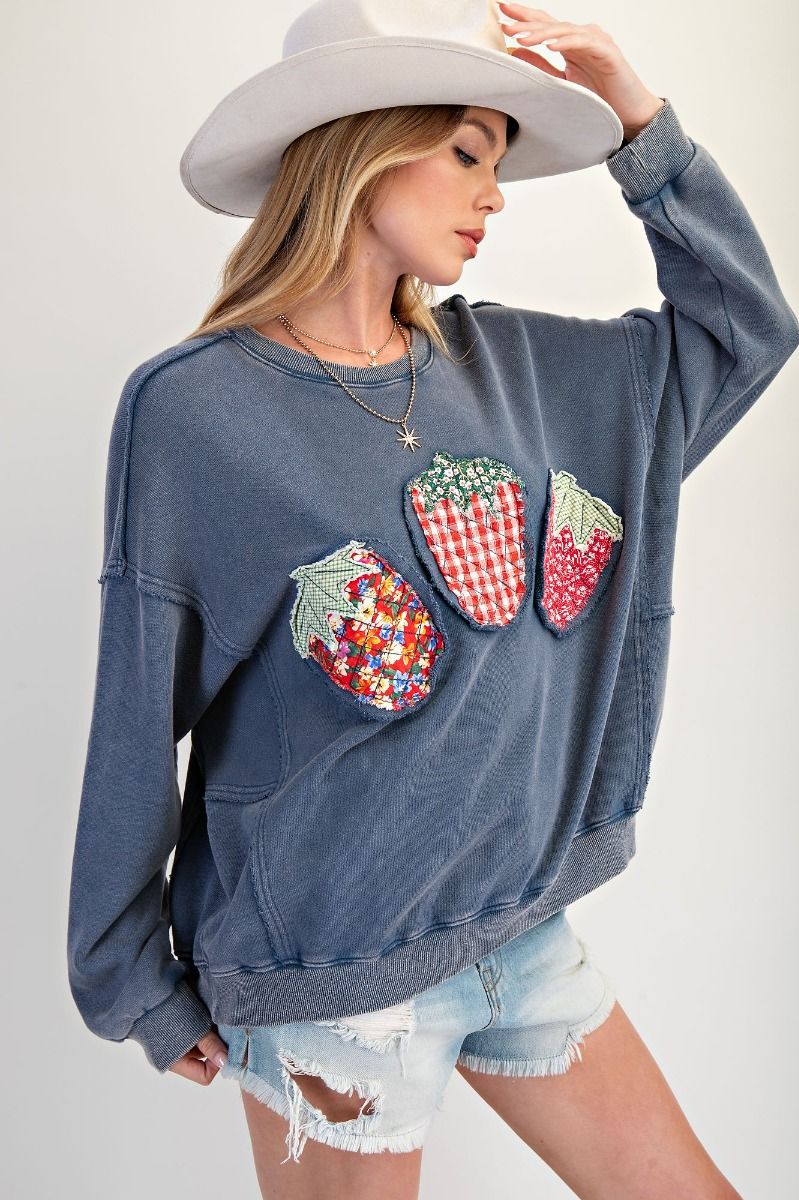 Easel Strawberry Patch Washed Terry Pullover